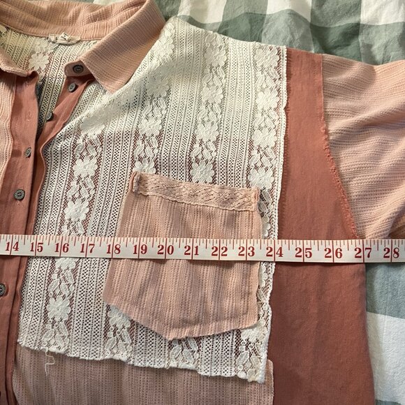 POL Shirt Womens L Oversized Thermal Lace Button Down Top Blush Pink Boho - Picture 8 of 12
